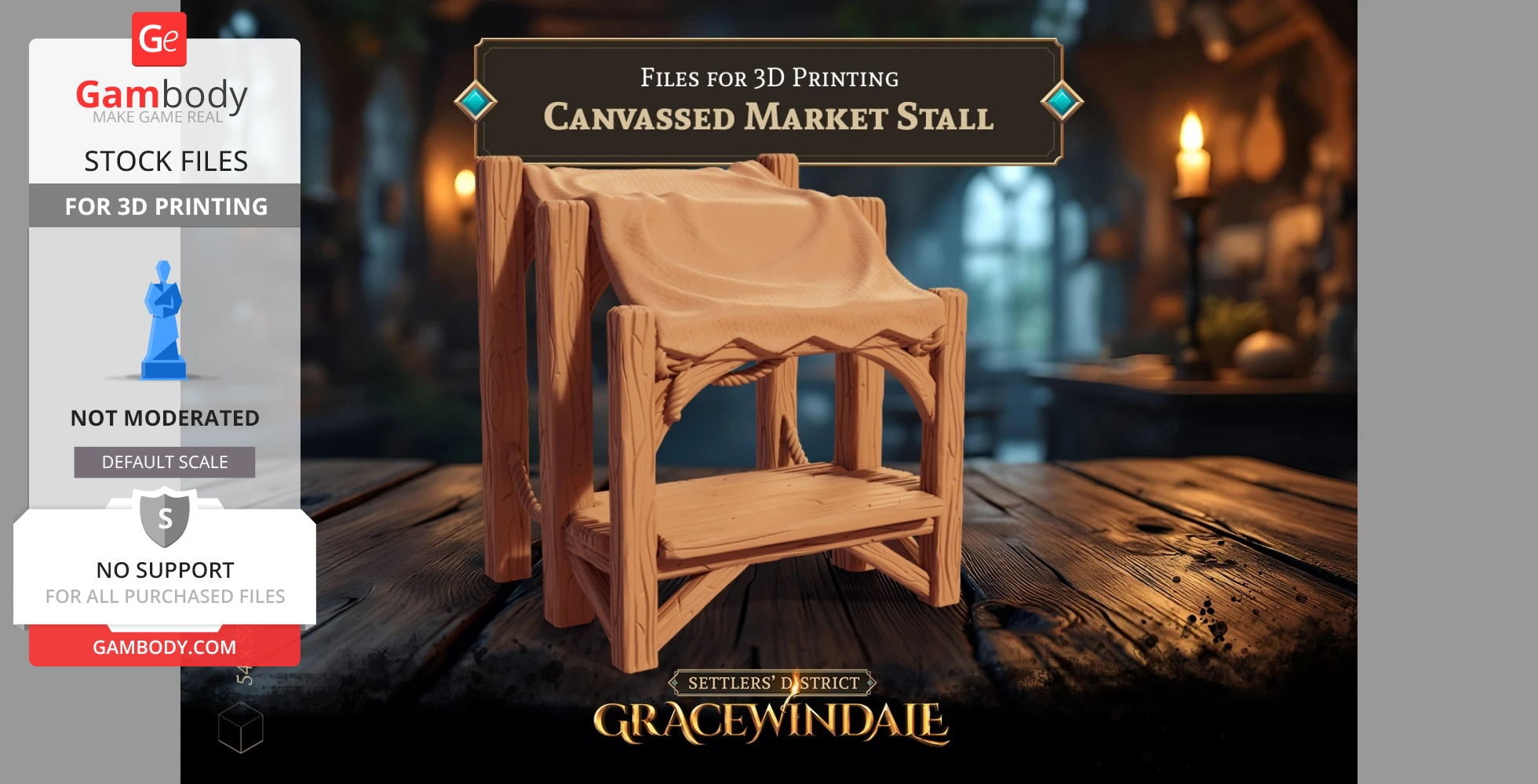 A rustic wooden market stall with a canvas canopy, designed for 3D printing.