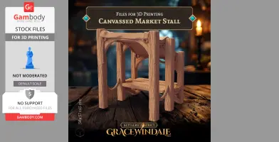 A wooden market stall model with a canopy, designed for 3D printing.