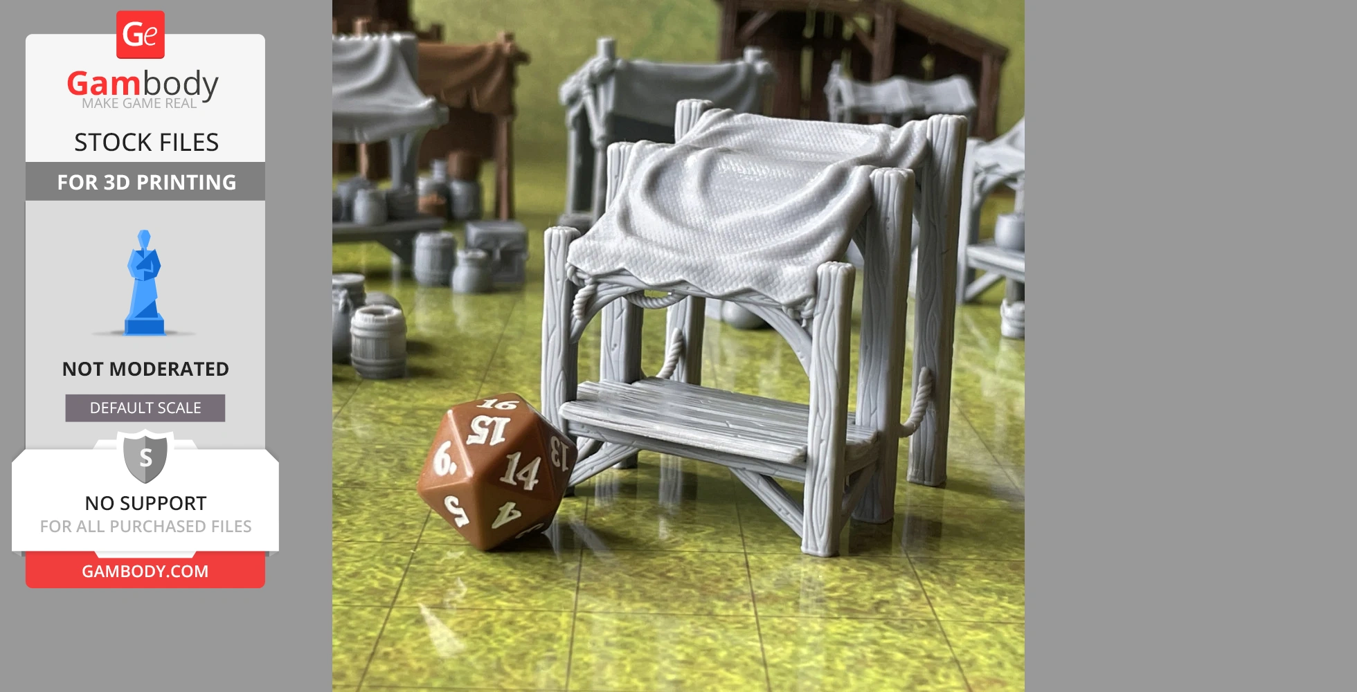 A 3D-printed market stall scene with a covered vendor booth and a 20-sided dice on a tiled surface.