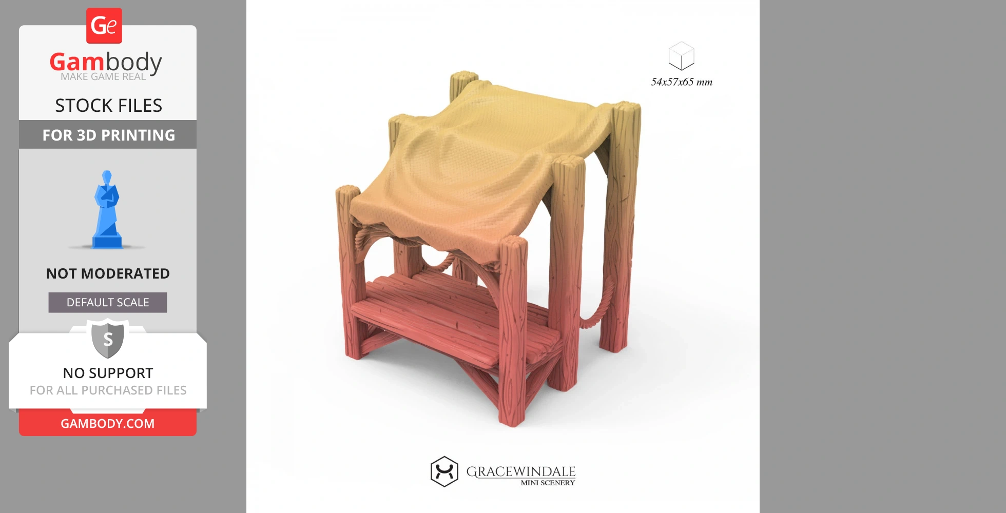 Wooden market stall with a cloth canopy, designed for 3D printing.