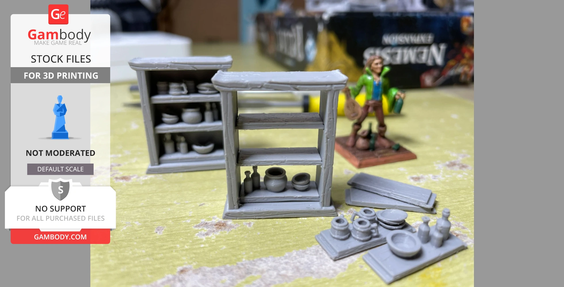 Miniature 3D-printed shelves with small pottery and bottles; a figurine stands in the background.