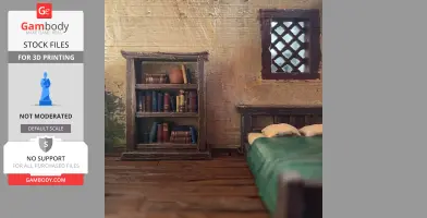 Cozy medieval room with a bookshelf, bed, and window.