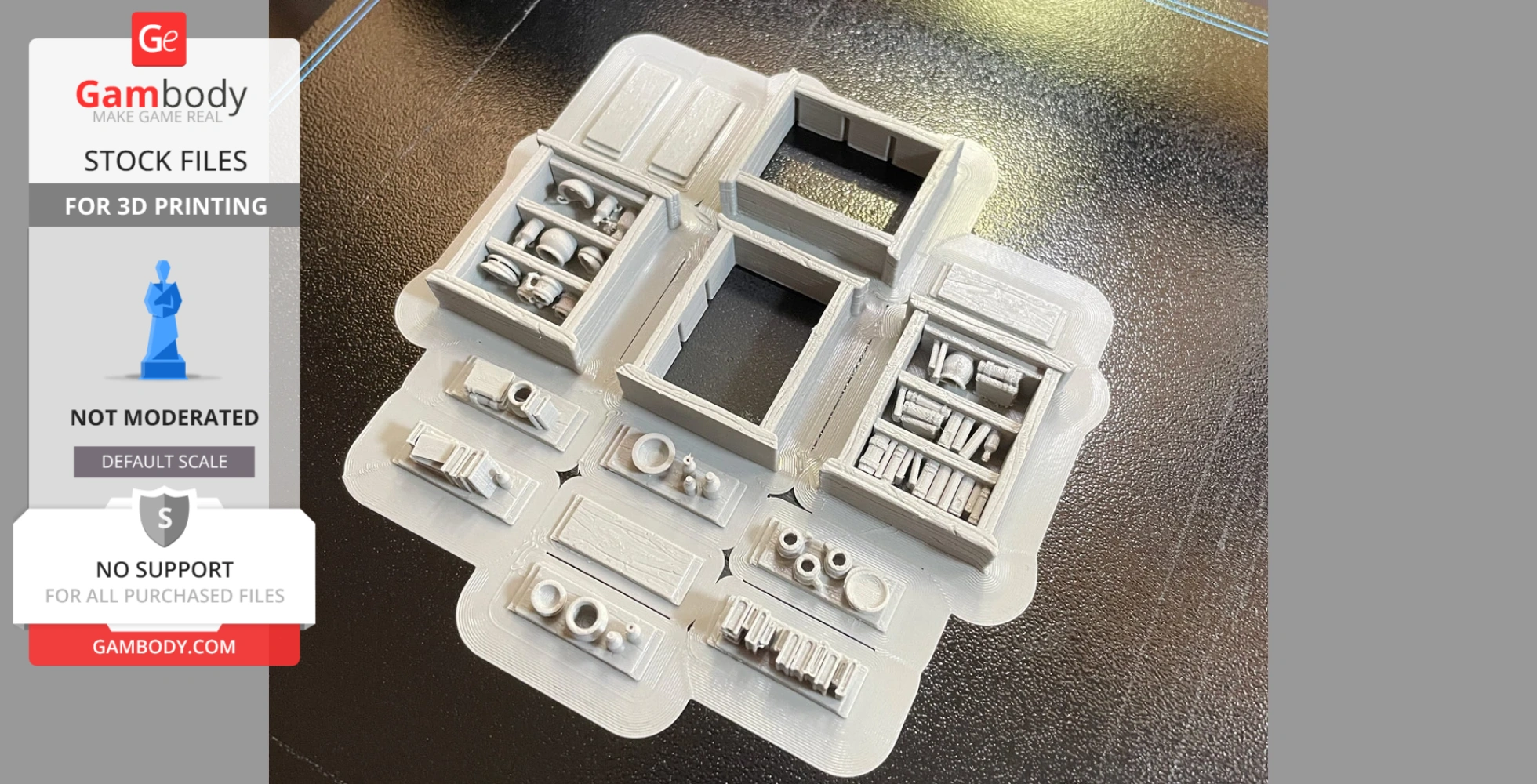 3D-printed miniature furniture and household items arranged on a base plate.