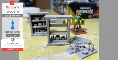 3D printed shelves with miniatures of kitchenware and bottles, alongside a small human figure.