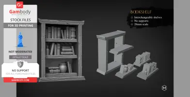 3D model of a bookshelf with interchangeable shelves, books, and decorative items for 3D printing.