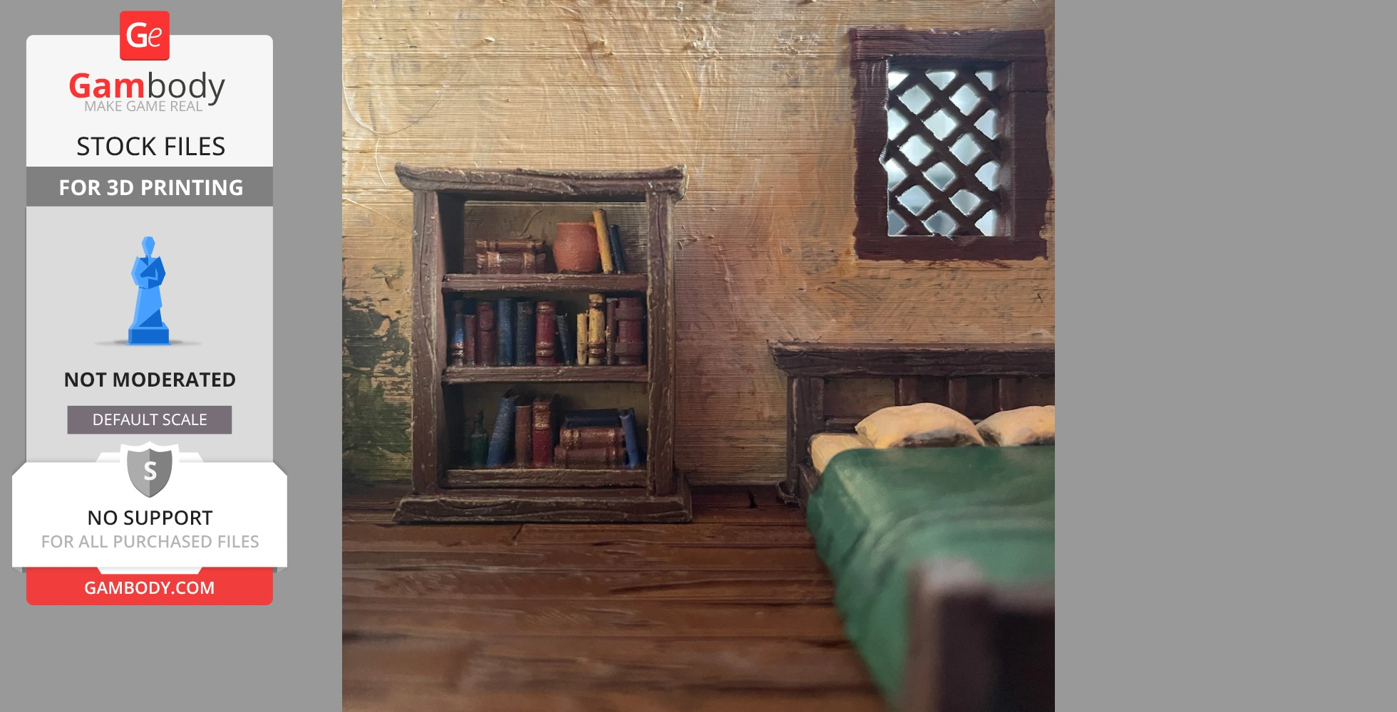 Cozy medieval room with a bookshelf, bed, and window.
