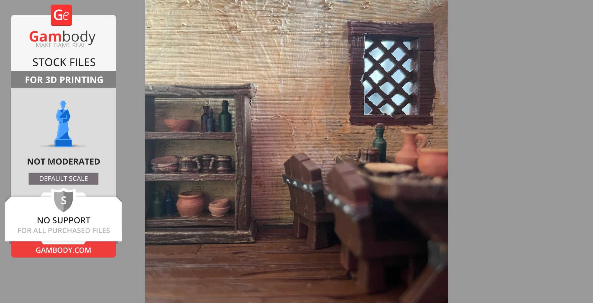 Cozy medieval room model with shelves, pottery, and wooden furniture by a lattice window.