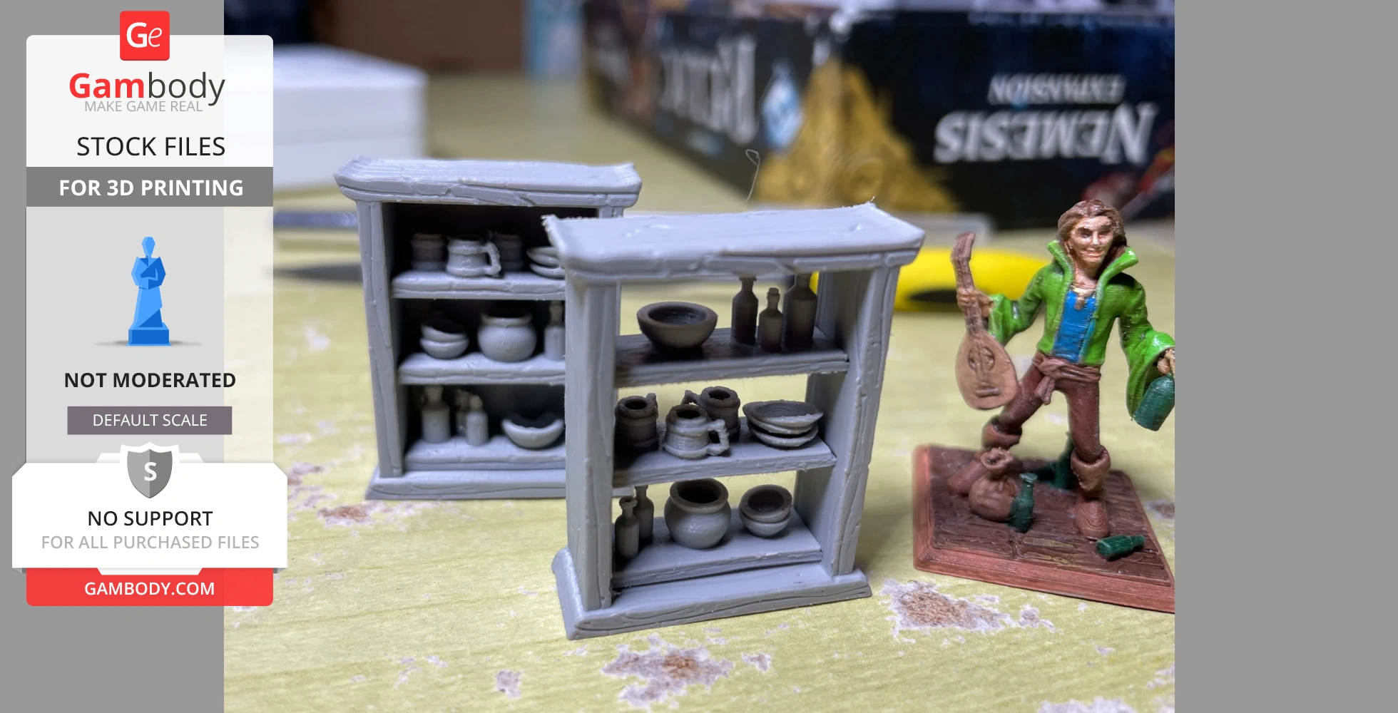 Miniature 3D-printed shelves with pottery and a colorful character holding a lute stand on a table.