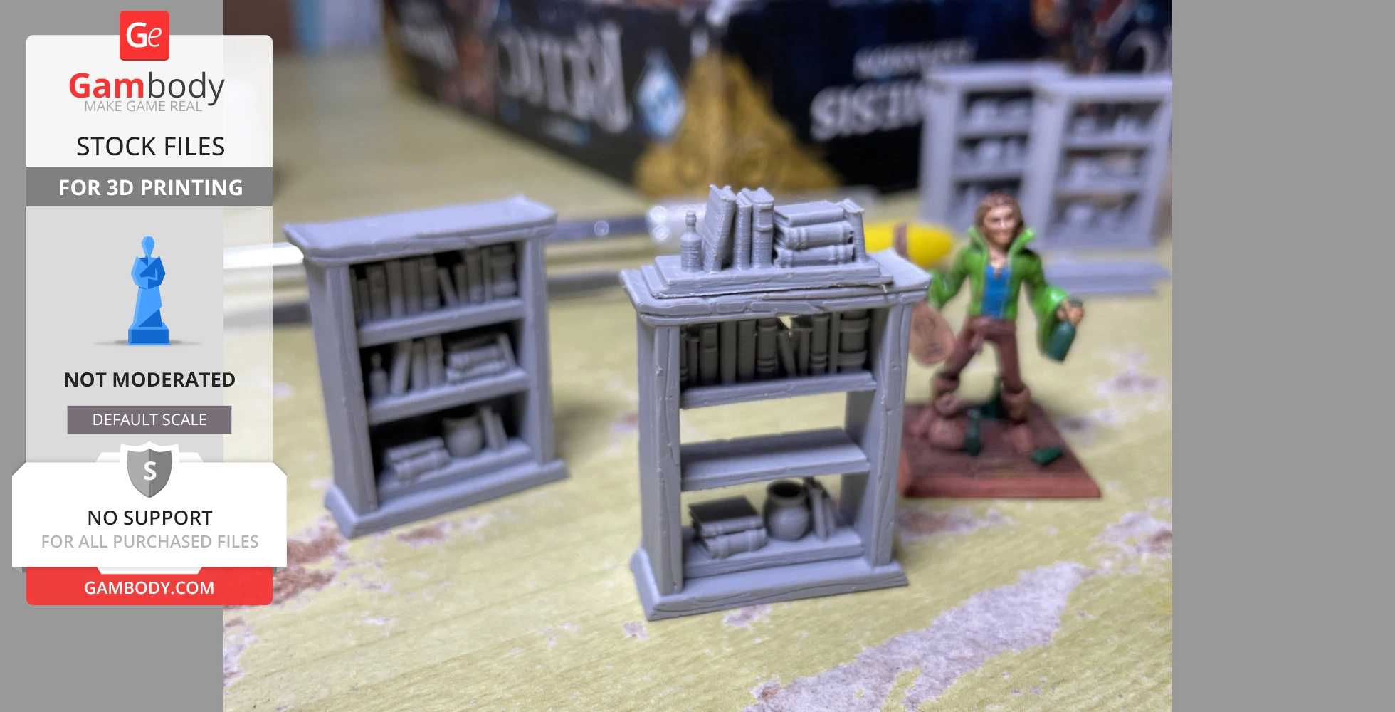 Miniature gray bookshelves and a figure holding items, designed for 3D printing setup.