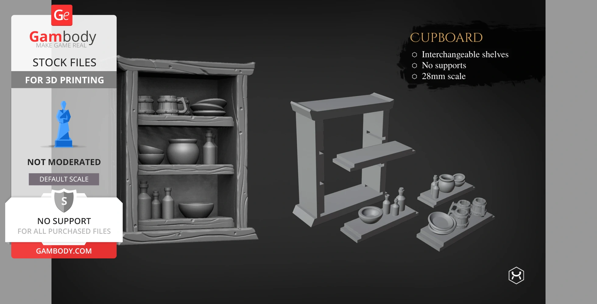 3D model of a cupboard with interchangeable shelves and various kitchenware, designed for 3D printing.