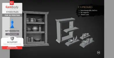 3D model of a cupboard with interchangeable shelves and various kitchenware items, designed for 3D printing.