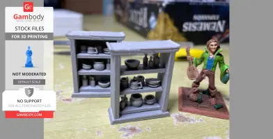 Miniature 3D-printed shelves with pottery and a painted figure of a bard holding a lute on a base.