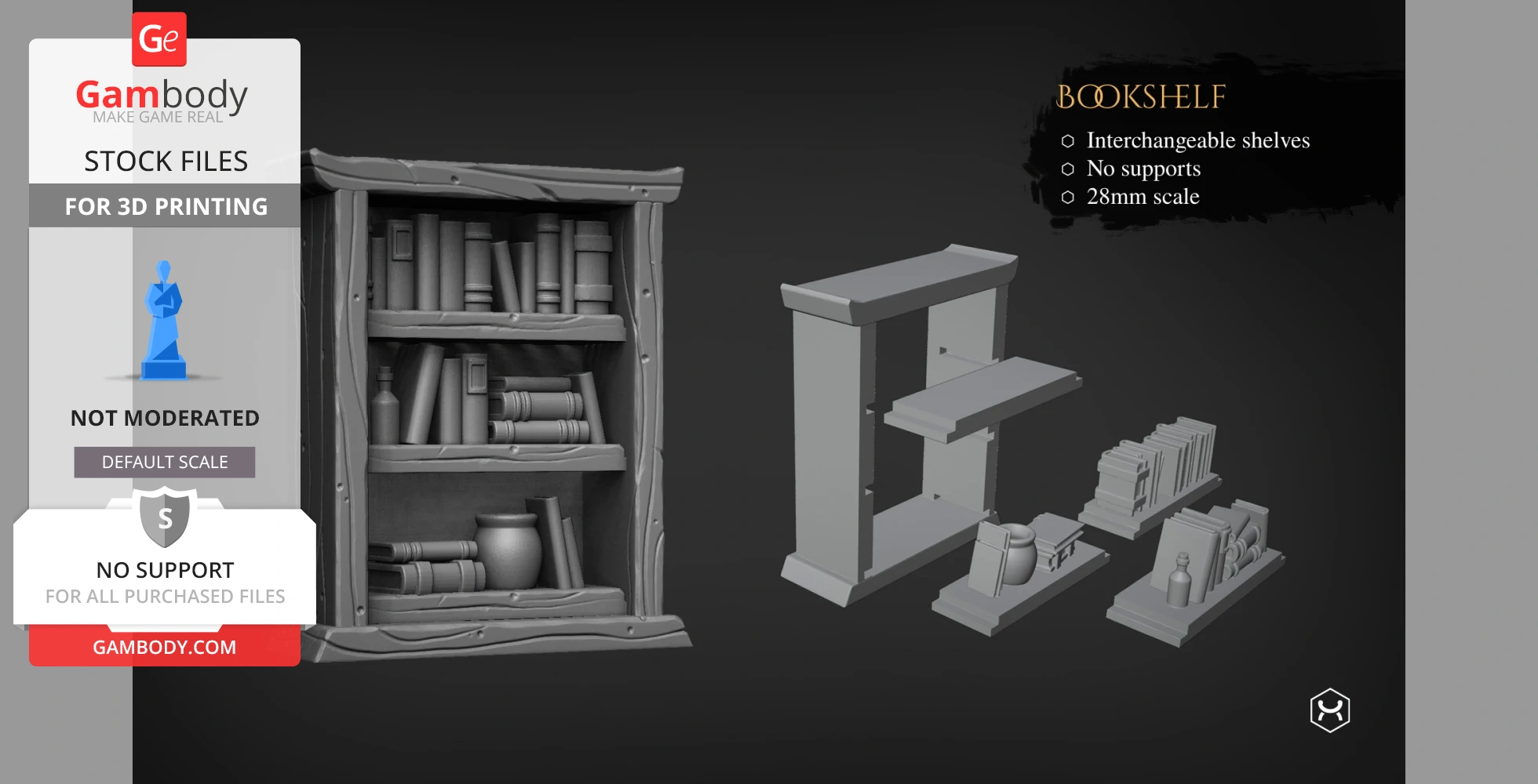 3D model of a detailed bookshelf with interchangeable shelves and various book and vase designs.