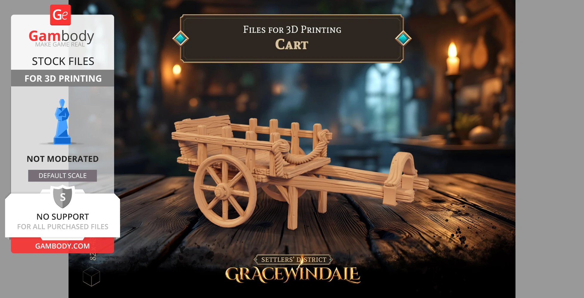 A detailed wooden two-wheel cart model for 3D printing, placed on a rustic wooden surface.