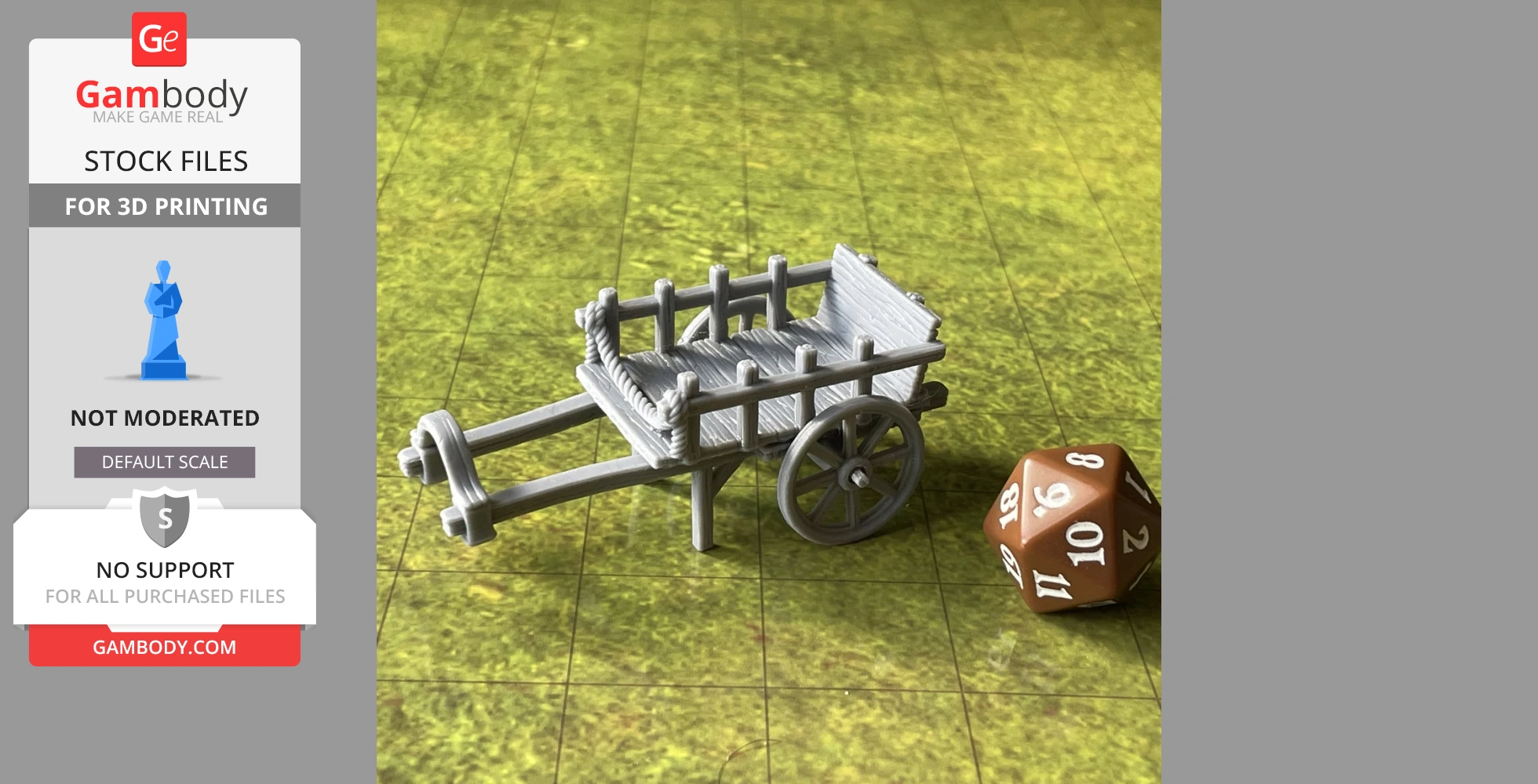 A 3D printed two-wheel cart model beside a brown 12-sided die on a grid-patterned surface.