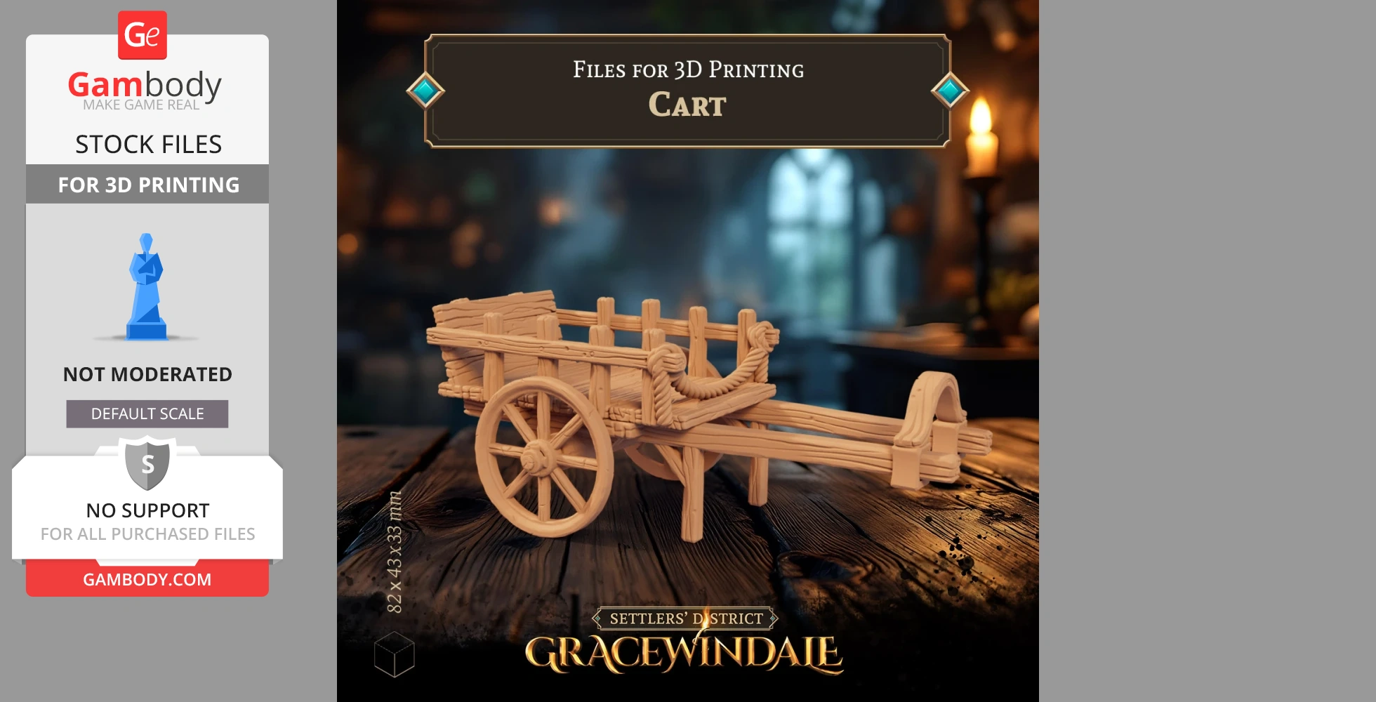 A detailed 3D model of a two-wheel wooden cart for printing, set on a rustic wooden surface.