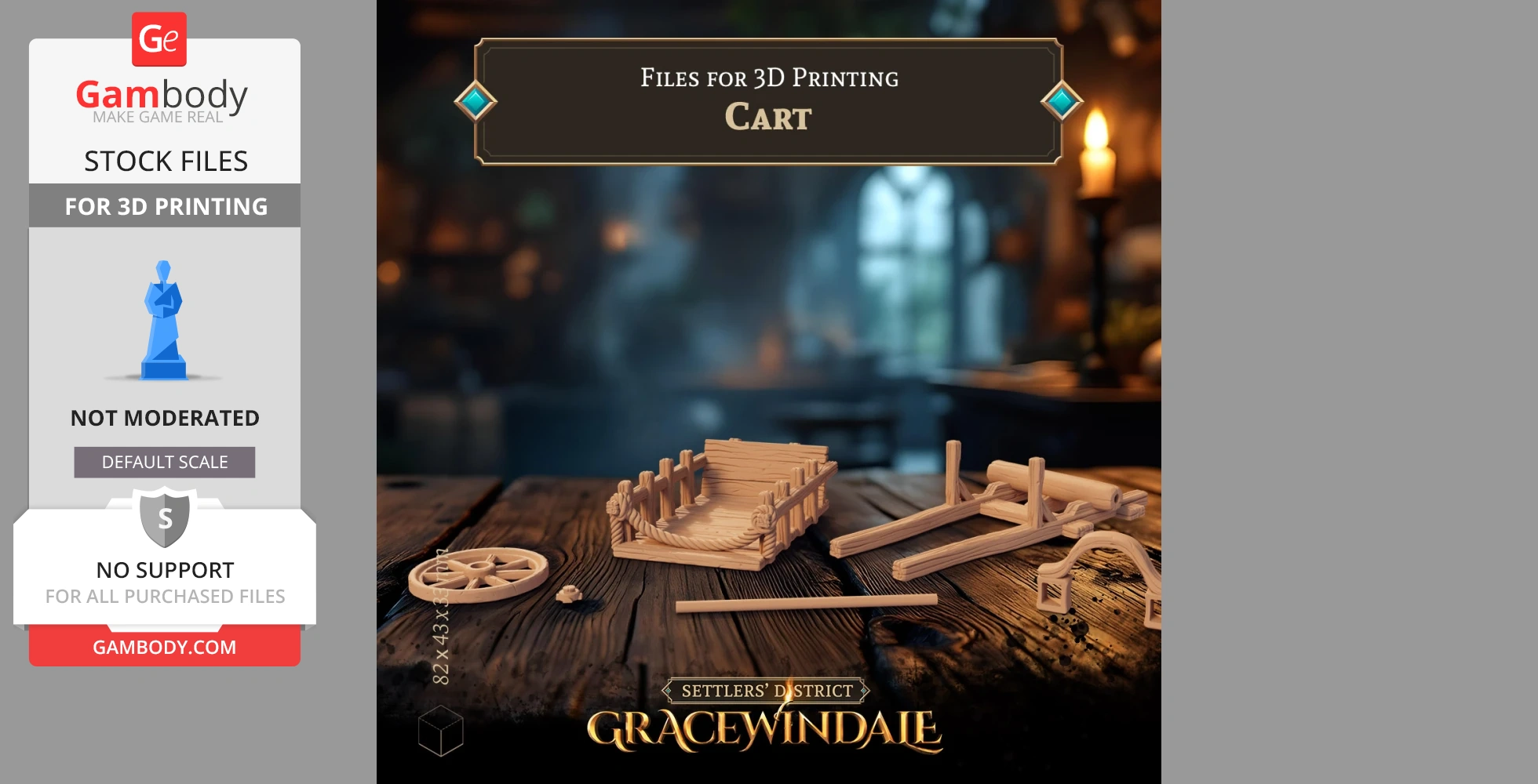 3D model parts of a wooden two-wheel wagon on a wooden table, ready for assembly and printing.