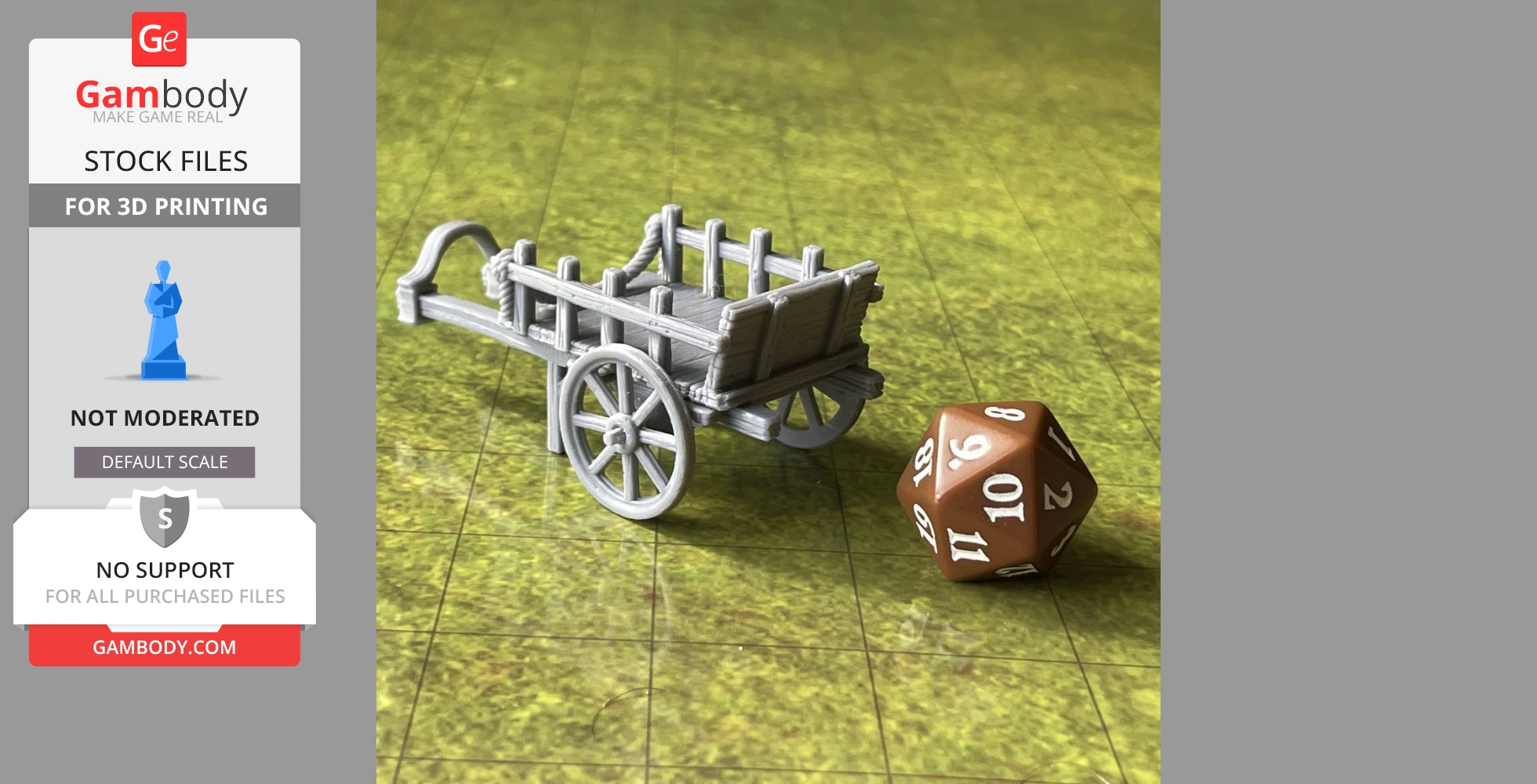 A 3D-printed, gray, two-wheeled cart miniature next to a brown 20-sided die on a grid surface.