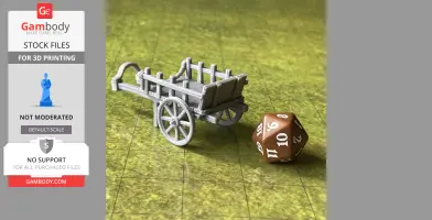 A 3D-printed, gray, two-wheeled cart miniature next to a brown 20-sided die on a grid surface.