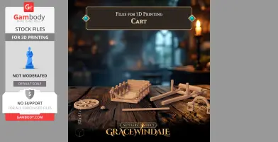 3D model parts of a wooden two-wheel wagon on a wooden table, ready for assembly and printing.