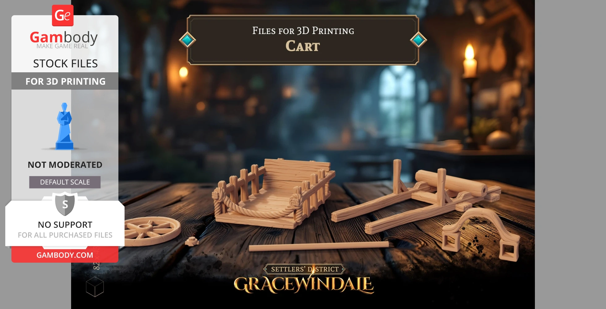 Collection of 3D printable parts for a detailed, wooden two-wheel cart model.