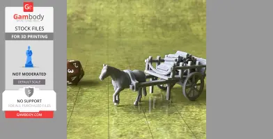 A 3D model of a horse-drawn, two-wheeled cart with cargo, next to a 20-sided die.