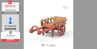 A 3D model of a rustic two-wheel wooden cart with a fenced cargo area.