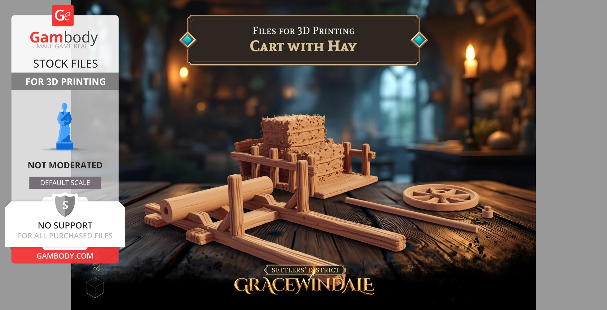 3D printable model of a wooden cart with hay bales, parts laid out on a table.