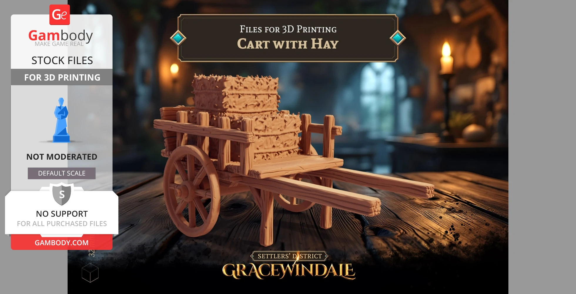 A 3D printable wooden cart filled with hay, set in a rustic indoor environment.