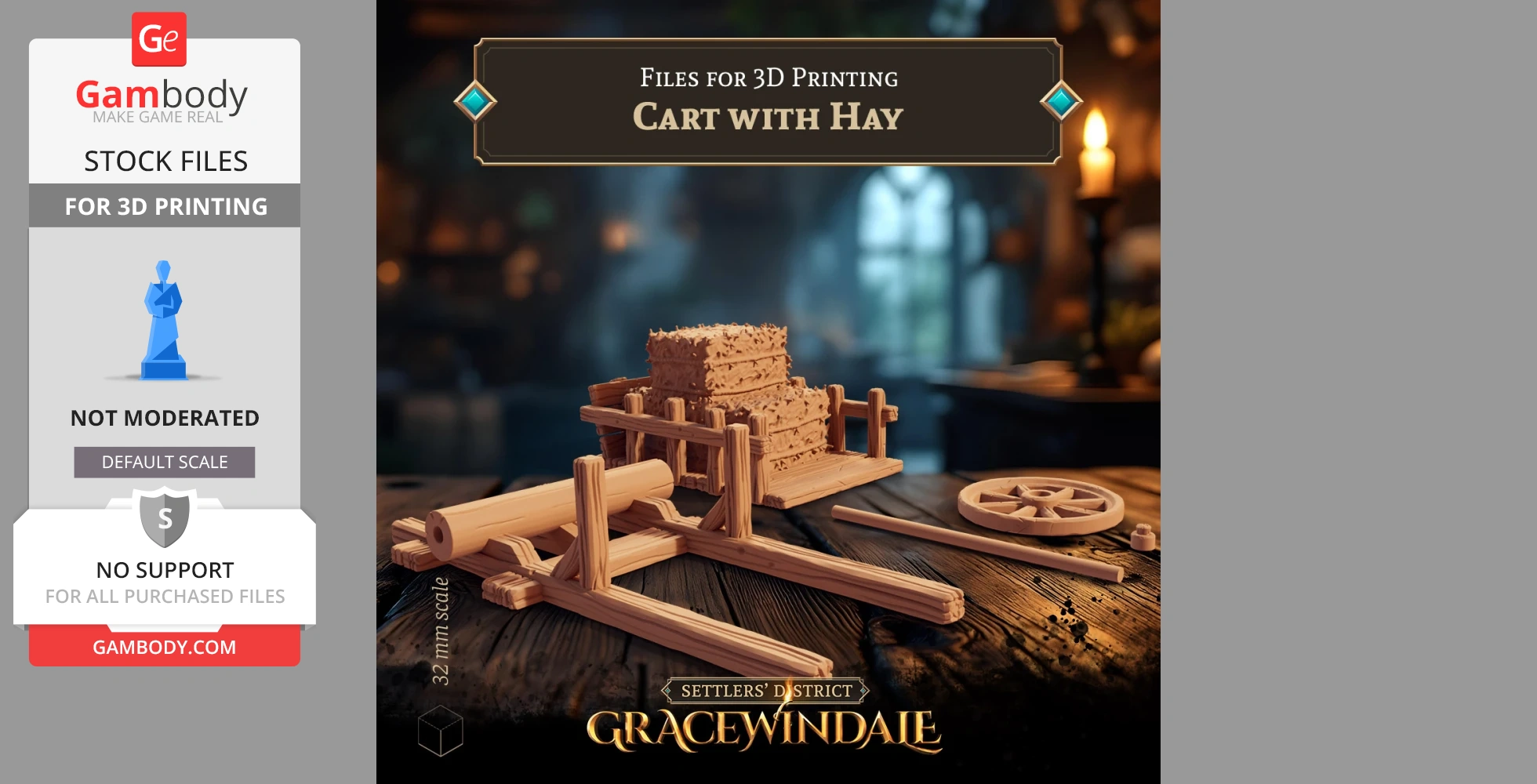 3D printable model of a wooden cart carrying hay bales, featuring detached wheels and components.