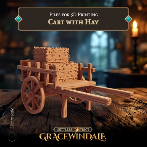 A wooden cart filled with hay bales, designed for 3D printing in a fantasy setting.