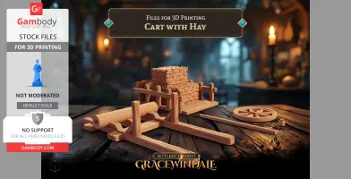 3D printable model of a wooden cart with hay bales, parts laid out on a table.