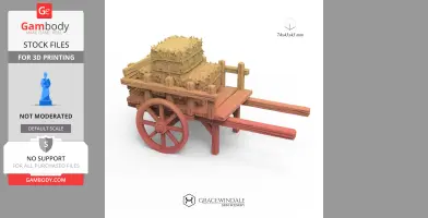 A rustic wooden cart loaded with hay bales, designed for 3D printing.