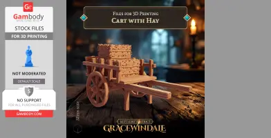 3D model of a wooden cart filled with hay bales, designed for 3D printing.