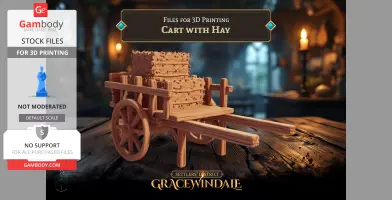A 3D printable wooden cart filled with hay, set in a rustic indoor environment.