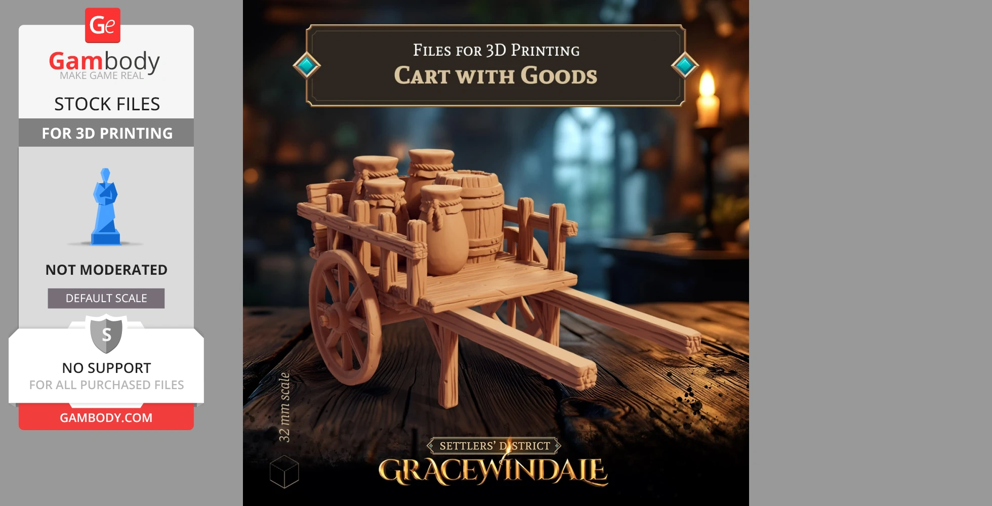 A 3D printable model of a rustic wooden cart filled with barrels and sacks.