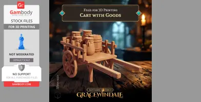 A 3D printable model of a rustic wooden cart filled with barrels and sacks.