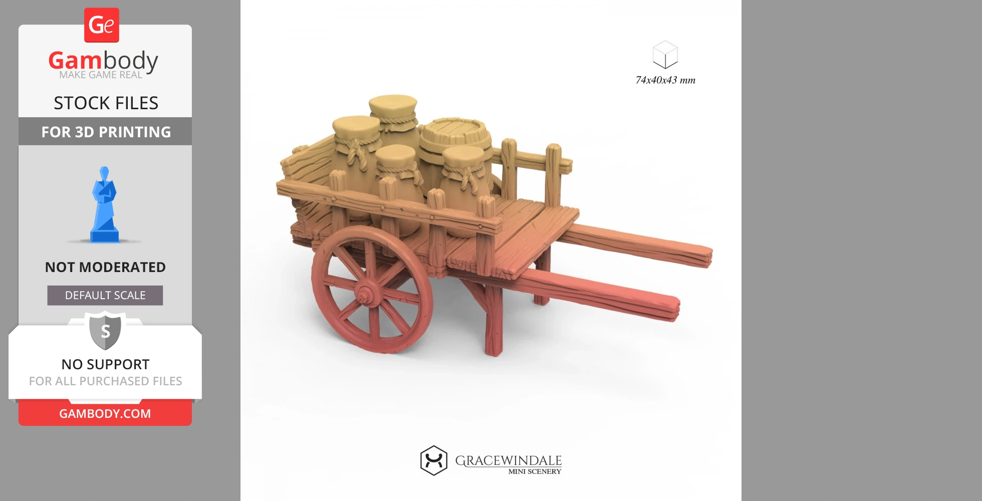 Wooden cart with barrels and jars, featuring two large wheels and handles, for 3D printing.
