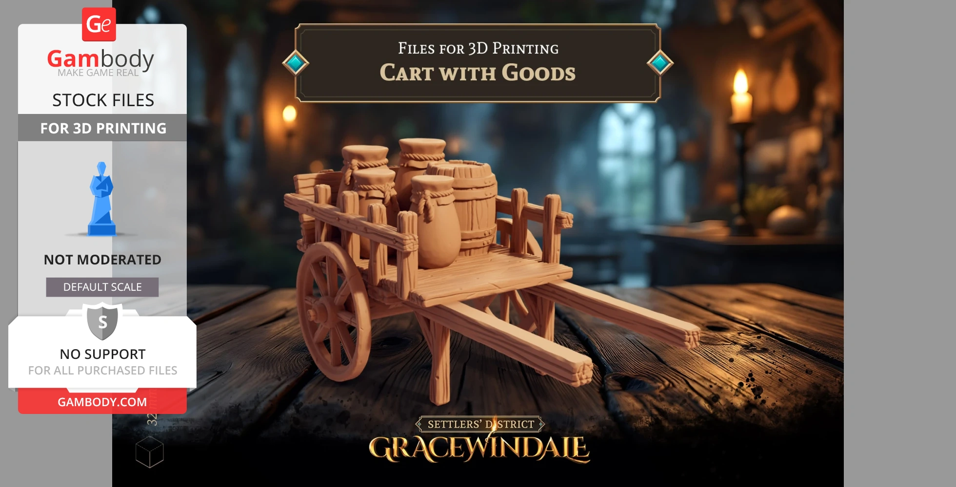 Wooden cart loaded with barrels and sacks, designed for 3D printing.