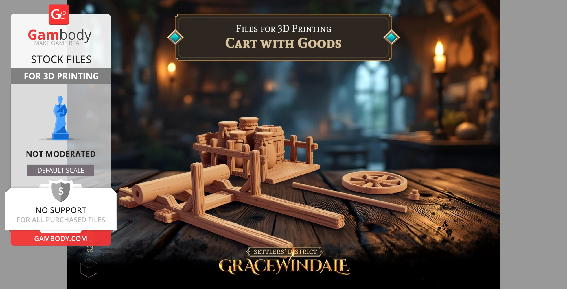 3D model of a wooden cart with barrels and goods, designed for printing.