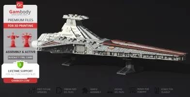 Venator-class Star Destroyer 3D model for printing, shown in detailed design on display stand.