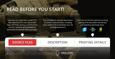 A detailed mech model with STL file download and printing instructions from Gambody.