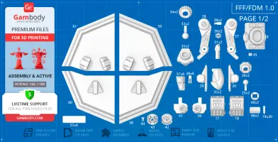 3D printing schematic for MadCat Classic Mech parts, featuring various components on a blueprint background.