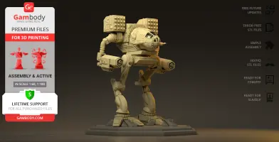 A detailed 3D model of a MadCat Classic Mech, designed for 3D printing, shown on a display platform.