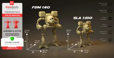 Two MadCat Classic Mechs in scales 1:60 and 1:100, showcasing dimensions for 3D printing.