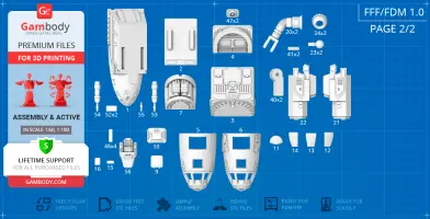 Image showing blueprint-style layout of 3D printable MadCat Mech parts, labeled for assembly.