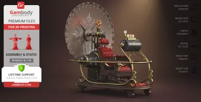 Vintage 1960s-style time machine with ornate details, red seat, and large ornamental disk in the back.