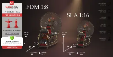 A retro time machine model with ornate design and seat, shown in two scale sizes for 3D printing (1:8 and 1:16).
