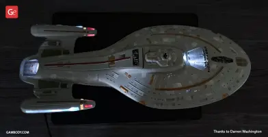 Top view of a lit model of USS Voyager starship, designed for 3D printing.