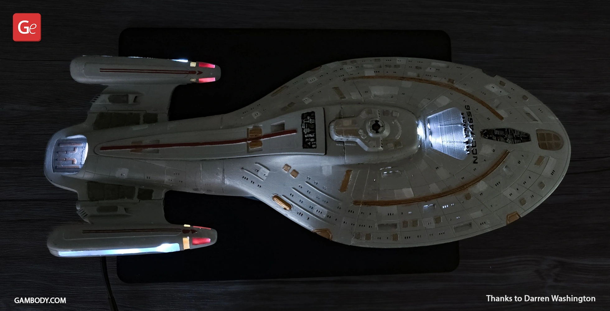 Top view of a lit model of USS Voyager starship, designed for 3D printing.